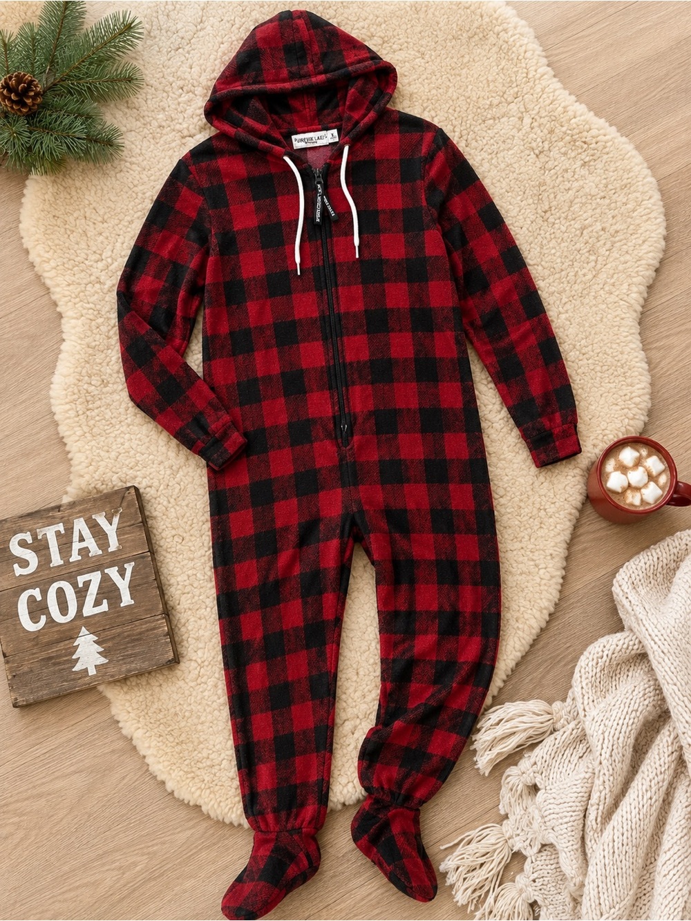 Forever Lazy Buffalo Plaid Hooded One Piece Pajamas Adult